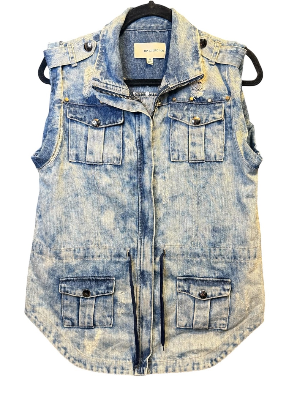 Distressed Acid Wash Blue Denim Studded Utility Vest
